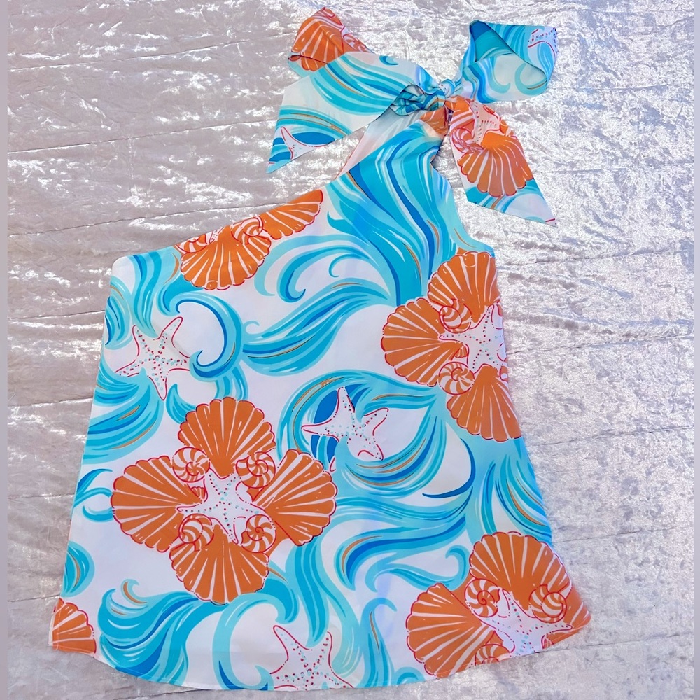 Lilly Pulitzer Do The Wave Orange Blue Seashell Starfish Silk Top